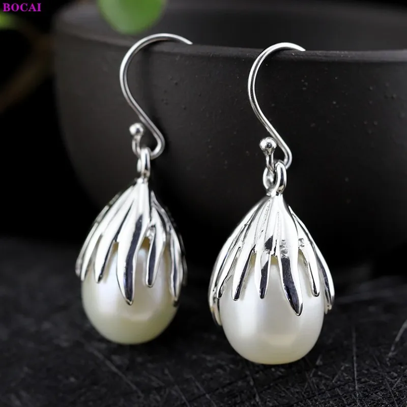 

BOCAI 100% S925 стерлингового серебра серьги, модные ювелирные изделия, тайский серебряный с настоящим жемчугом, жемчужные ювелирные изделия чист...