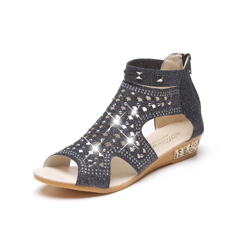 

2021Women Sandals Ladies Wedges Sandals Crystal Fish Mouth Hollow Roma Summer Shoes Fashion Casual Non-Slip Bordered Bling Footw