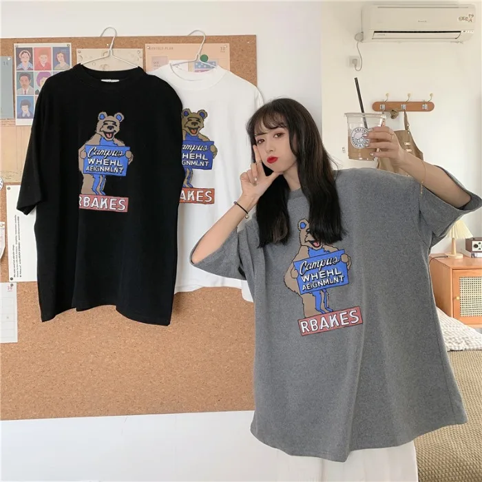 

2021 new summer cartoon print loose large version short-sleeved t-shirt top women 65/35 cotton
