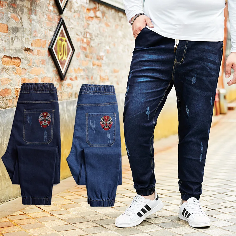

M-8XL Oversized Loose Elastic Waist Jeans Men's Stretch Plus Fat Trousers Fashion Chinese Style Embroidery Denim Jogger Pants