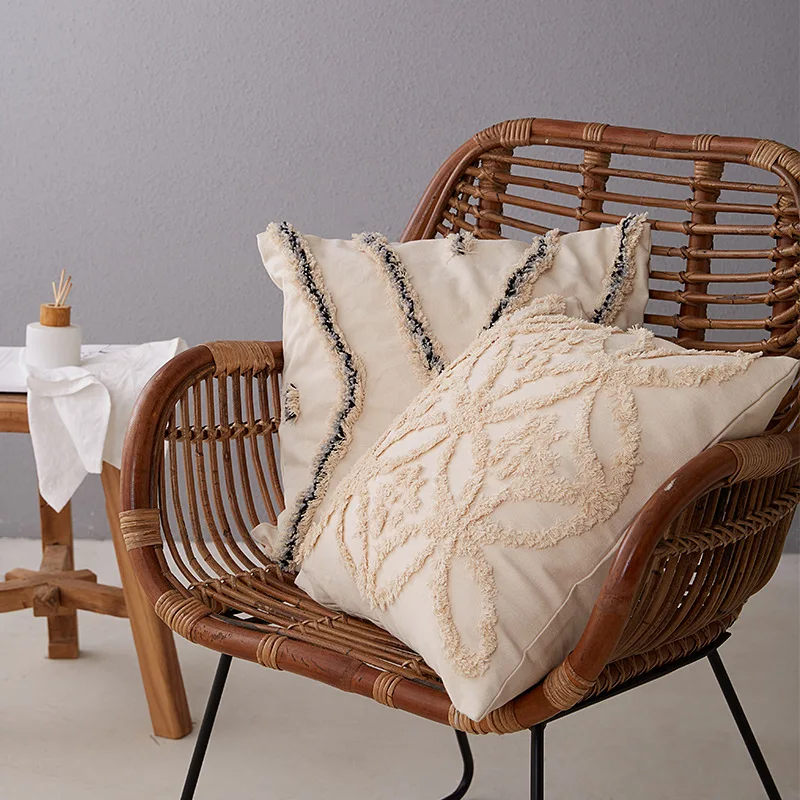 

30x50/45x45CM Moroccan fringes pillowcase cotton tufted cushion cover sofa linear geometric lumbar pillow cover backrest