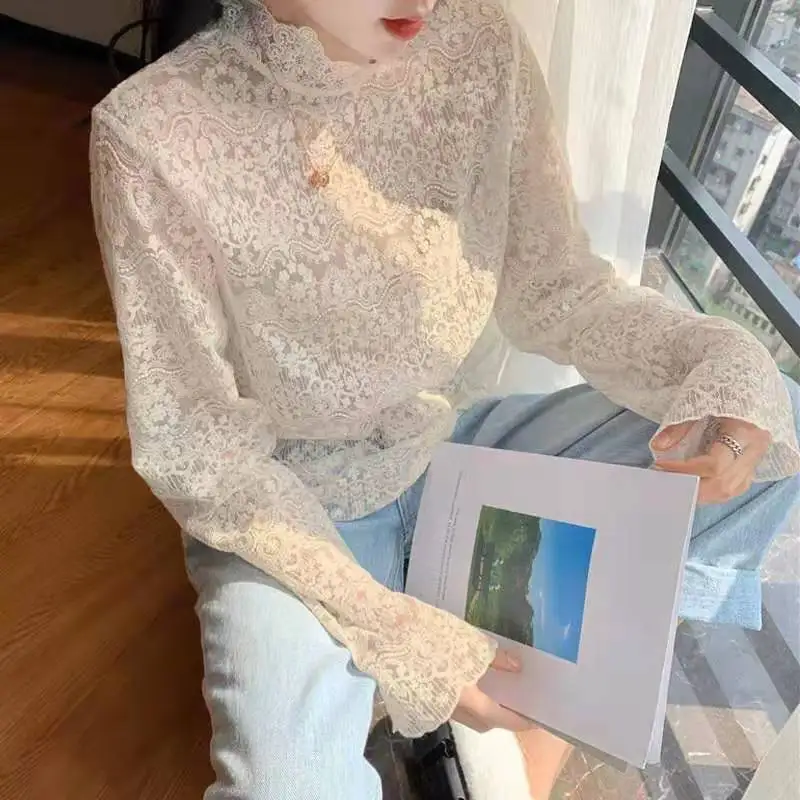 Новинка женская рубашка весна-осень модные сексуальные Рубашки Топы кружевная