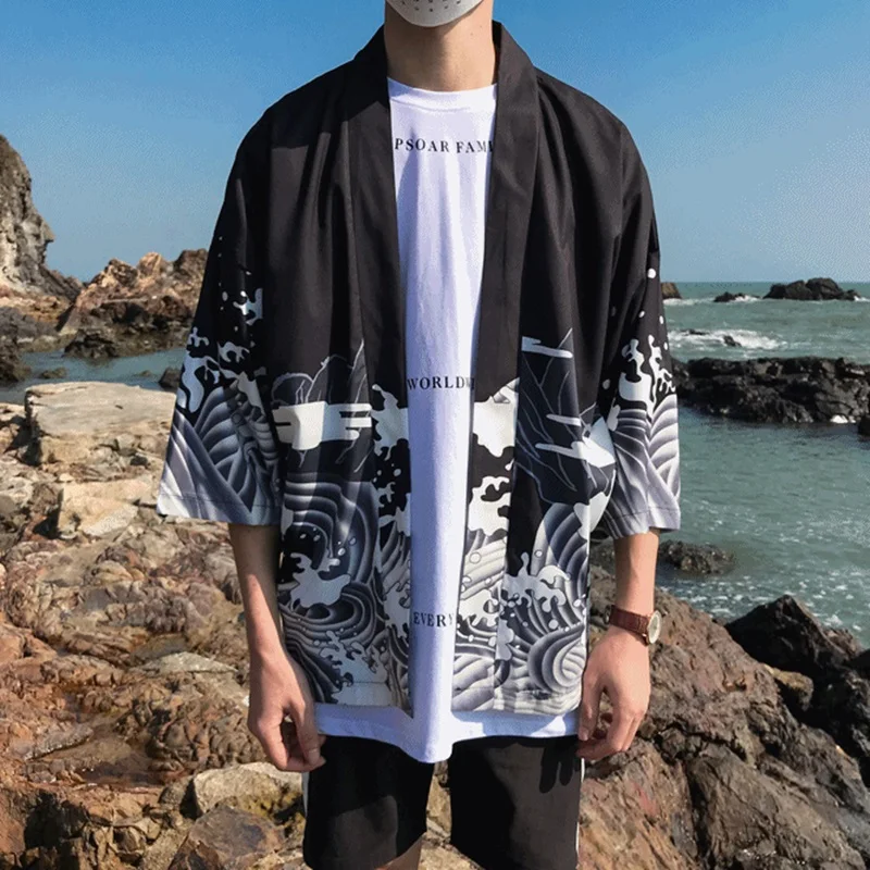 Кимоно мужское в японском стиле юката хаори рубашка с искусственными камнями