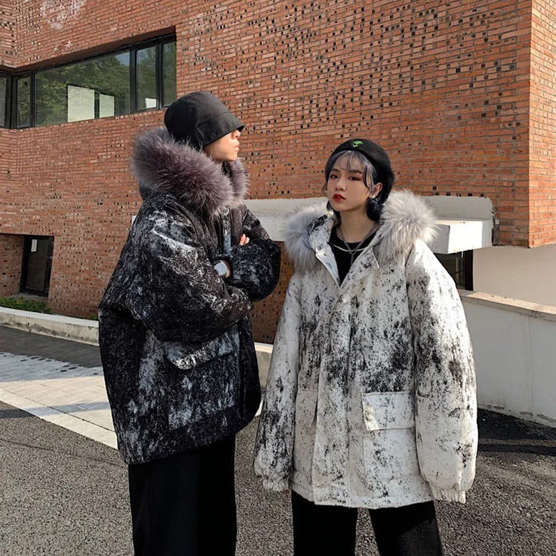 Black White Print Lovers Loose Parkas With Fur Collar Women Men Fashion Street Warm Cotton Coats Hooded Jackets Winter Clothing