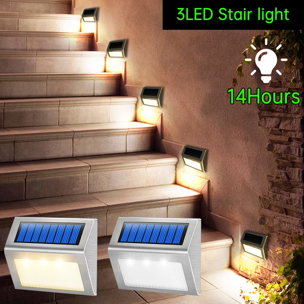 

2021Outdoor 3 LED Solar Deck Steps Lights Stainless Steel Led Solar Path Stair Light For Balcony Garden Yard Fence Patio Stair