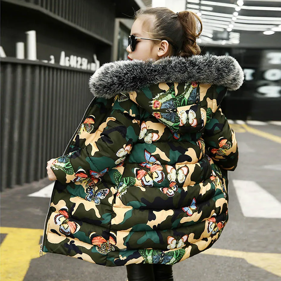 Детская куртка с камуфляжным принтом теплые куртки меховым воротником для