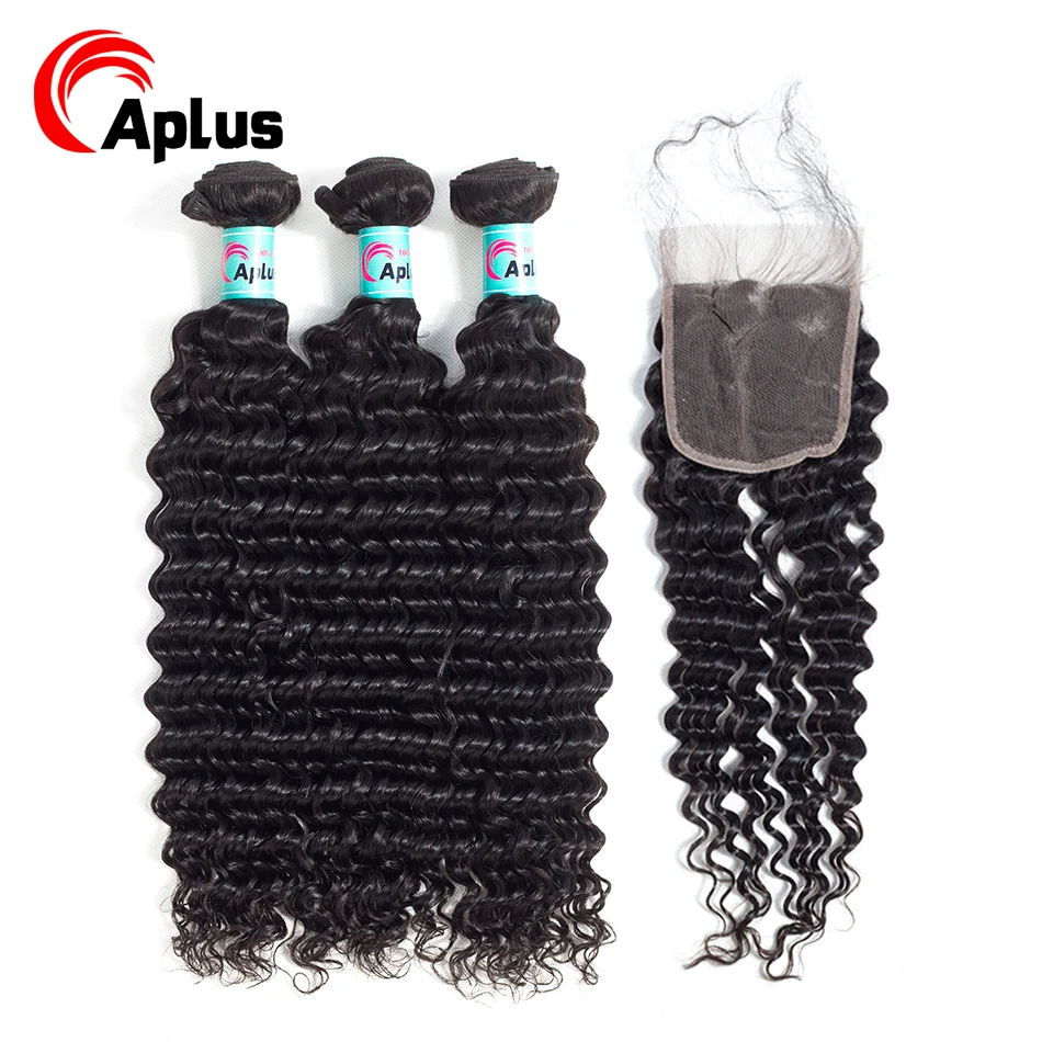 Peruvian Deep Wave Hair Bundles with Closure 100% Human Weave 3 4*4 Swiss Lace Remy Natural Color | Шиньоны и парики
