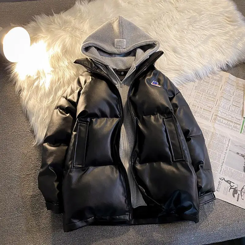 

Winter Fake Two - Piece Loose Thick Cotton -Padded Jacket American Men & Women Trendy PU Leather Cotton -Padded Jacket