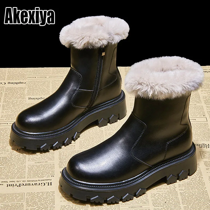 

Меховые зимние сапоги, женские ботильоны из искусственной кожи, сапоги на массивной платформе, Женская плюшевая теплая зимняя обувь для жен...