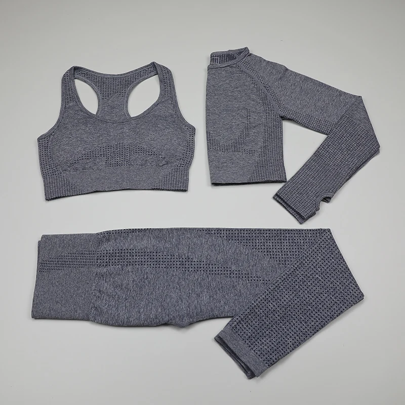 blue gray Комплект из 3 предметов: бесшовный Спортивный Бюстгальтер Для Йоги+ укороченный Топ с длинным рукавом+ леггинсы с высокой талией для спортзала женский спортивный костюм для фитнеса одежда для тренировок - Цвет: blue gray