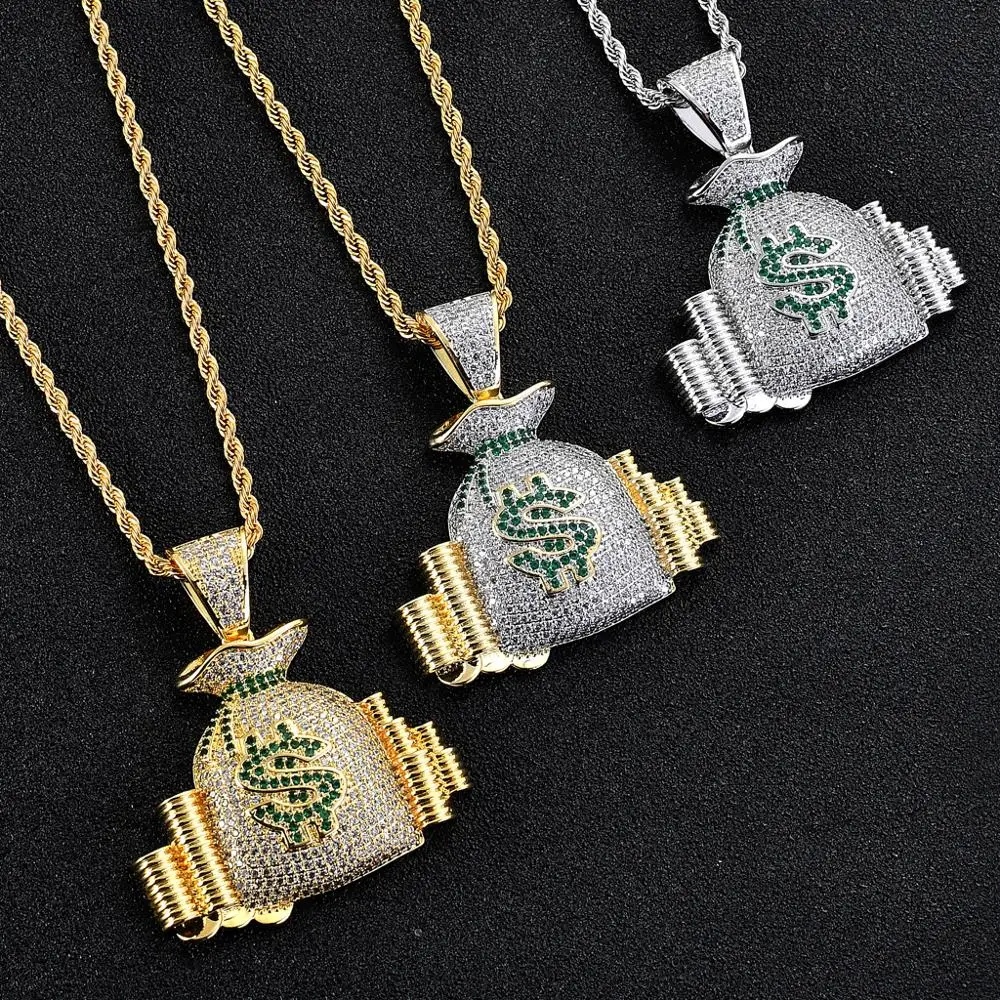 Iced Out Bling хип-хоп знак доллара сумка Шарм кулон Micro Pave лаборатория наличные МОНЕТЫ