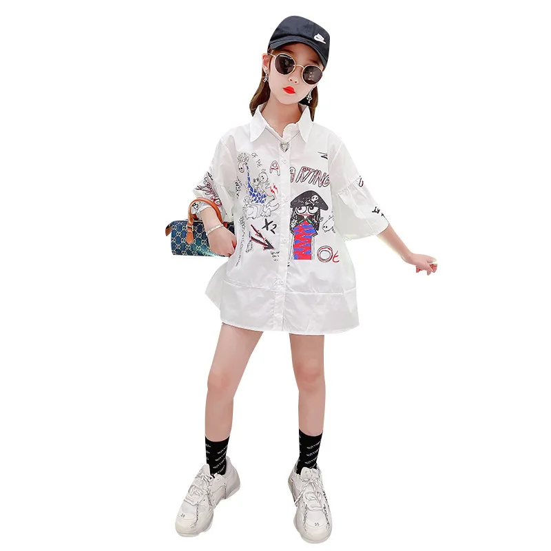 

Summer White Short Sleeve T-shirts for Kids Girls Cartoon Animal Print Shirt Dress Korean Teenage Cotton Turn-down Collar Tops