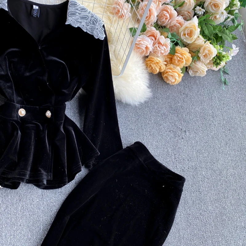 

Korean New Spring V Neck Long Sleeve Waist Slim Top High Fishtail Skirt Velvet Suit Ladies Elegant Two Piece Set Co Ord Outfit