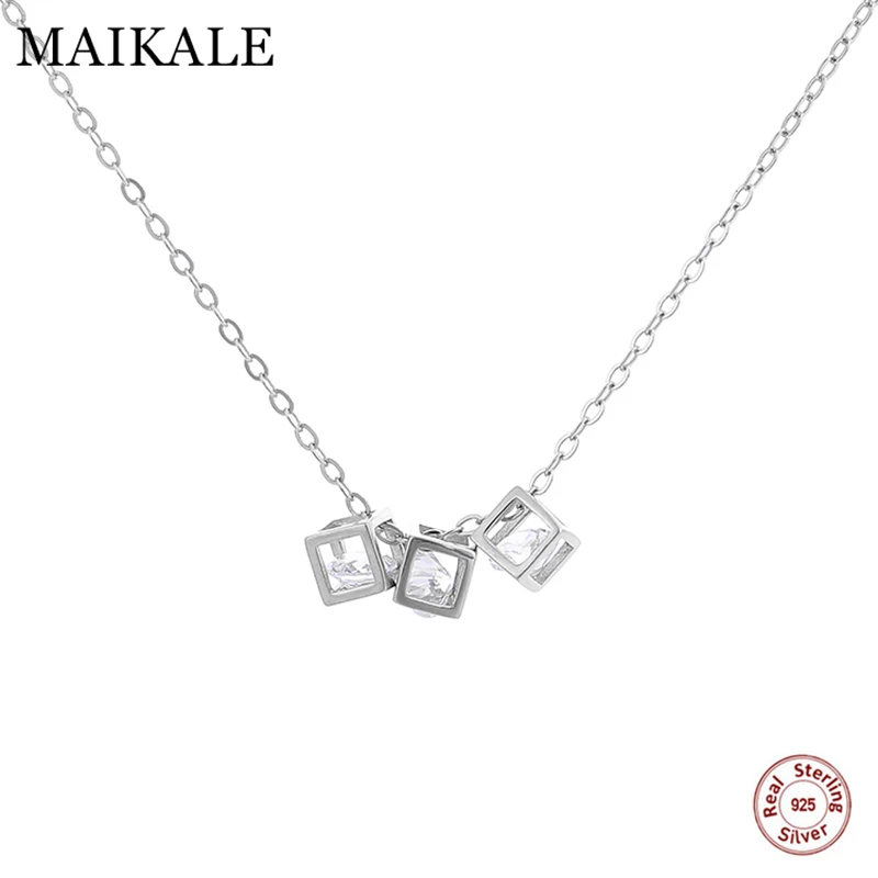 

MAIKALE Luxury 925 Sterling Silver Necklaces Pendant with 3pcs Square AAA Cubic Zirconia Charm Necklace for Girls Women Jewelry
