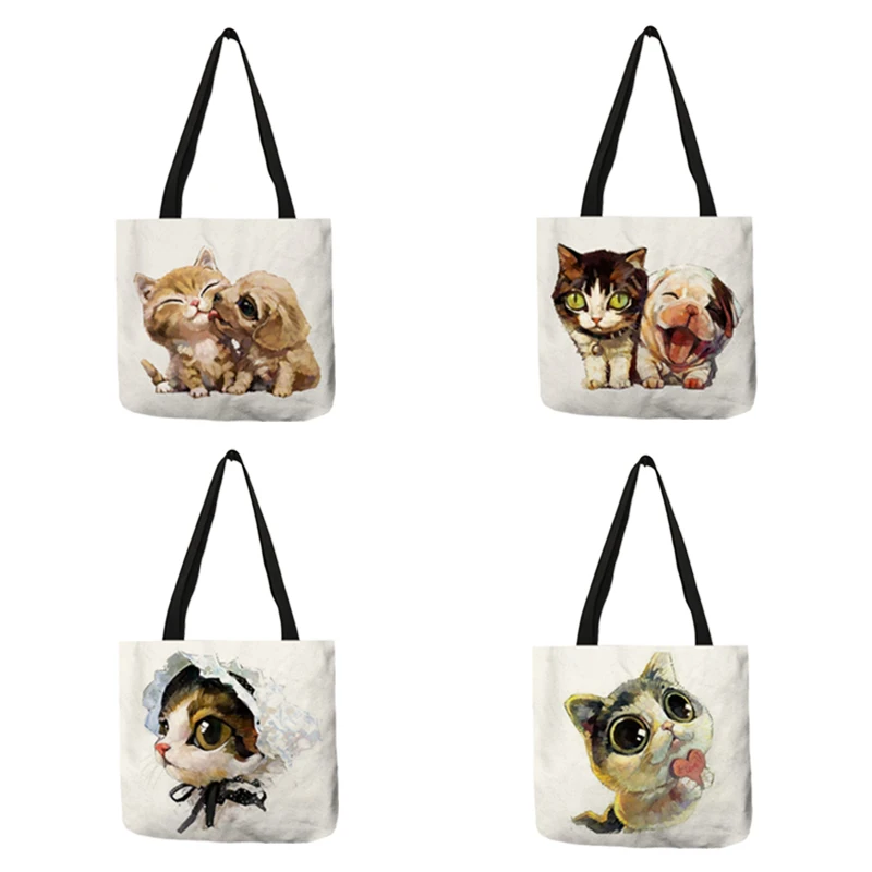 Эко Льняная многоразовая сумка для покупок с принтом кошки собаки женские модные