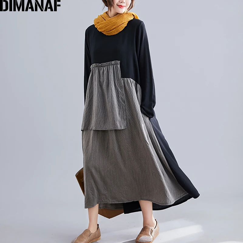 DIMANAF, женское платье, винтажное, размера плюс, осень, Vestidos, хлопок, лен, пэчворк, в полоску, женское, Elegnat, женское платье с длинным рукавом