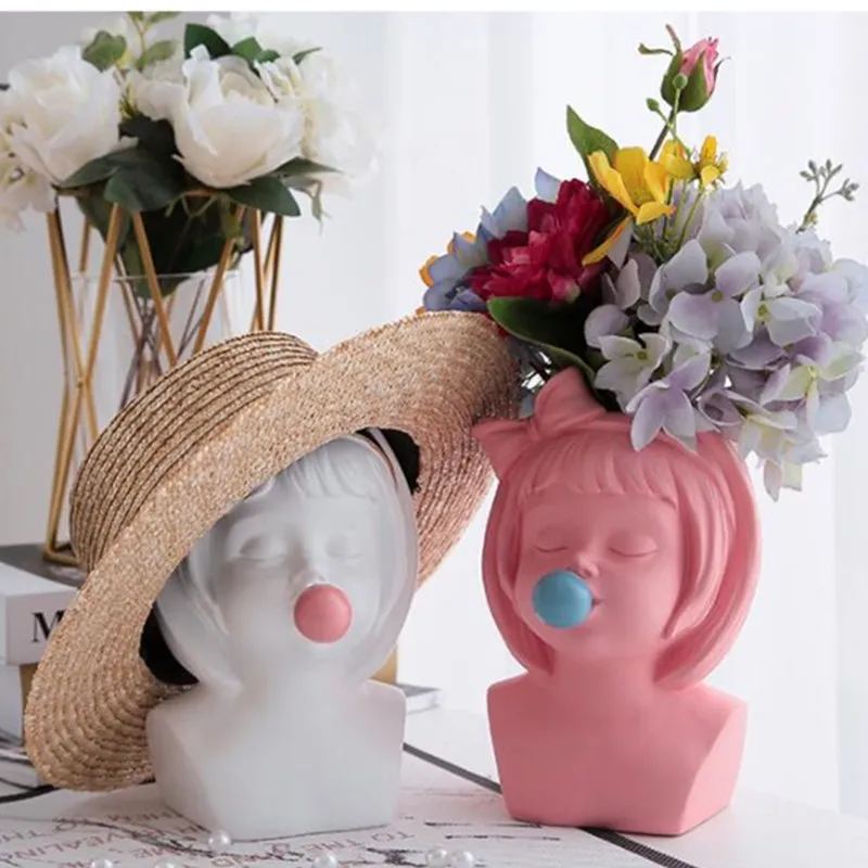 

Art Portrait Vase Figurines Girl Figure Flower Vase Statue Resin Crafts Home Decoration Accessories