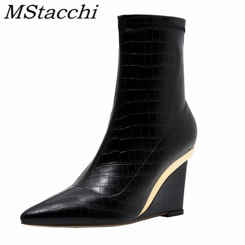 

MStacchi All-match Women's Boots Cow Leather Round Toe Crocodile Print Solid Color Ladies Shoes Wedges Knee Boots For Woman