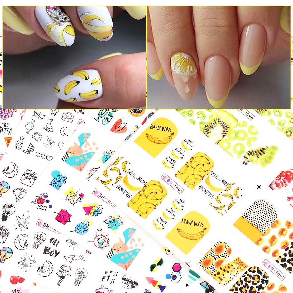 

12pcs Nail Stickers Spring Kiwi/Avocado/Lemon/Banana Fruits for Nail Design Manicure Water Sliders Nail Decals Set CHBN1597-1608