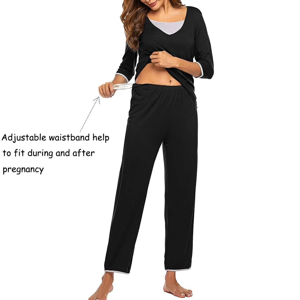 

T-shirt Tops+Pants Pajamas Set Suit For Women Maternity Breastfeeding 3/4 Long Sleeve Nursing Baby Cotton Solid Suit For Women