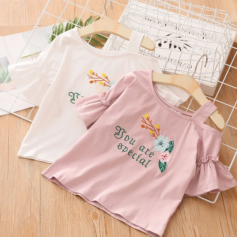

Baby Cartoon Short Sleeve T-shirt 2021 Summer New Girls' Clothing Children off-Shoulder Blouse