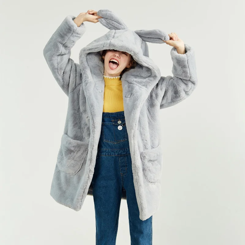 2019 Женское зимнее пальто из искусственного меха куртка кроличьего длинное серое