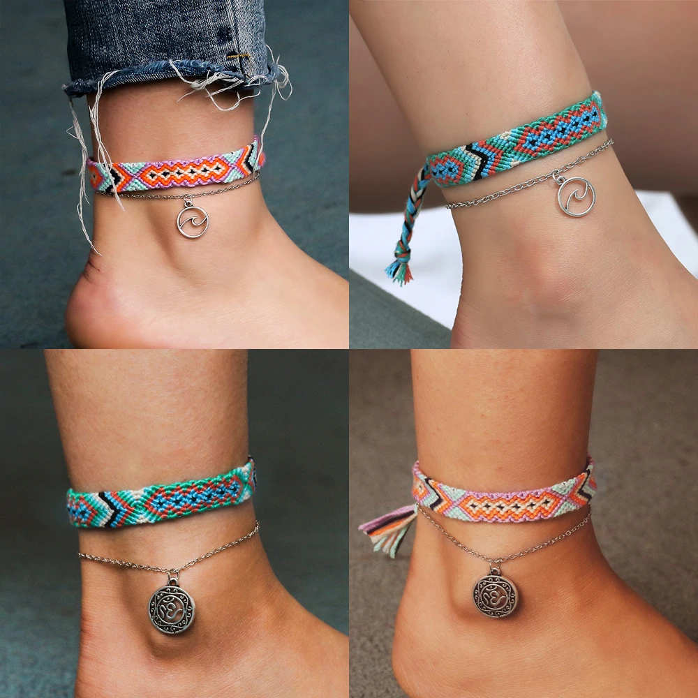

HOCOLE Vintage OM Rune Weave Anklets For Women Handmade Cotton Pendant Anklet Bracelets 2019 Female Beach Foot Jewelry 2Pcs/Set