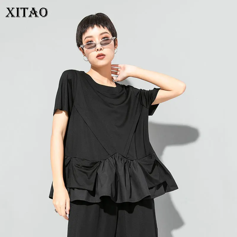 

XITAO Black T Shirt Fashion New Women Ruffle Pullover Pleated Goddess Fan Casual Style Loose 2021 Summer Loose Tee WMD0693