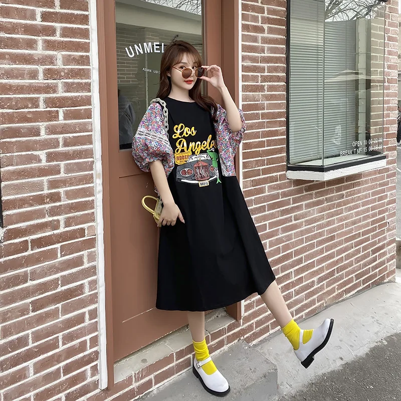 

2022 Summer New Simple Black Loose Thin T-shirt Korean Lazy Style Casual O-neck Cartoon Cotton Women T-shirt Dress Free Shipping