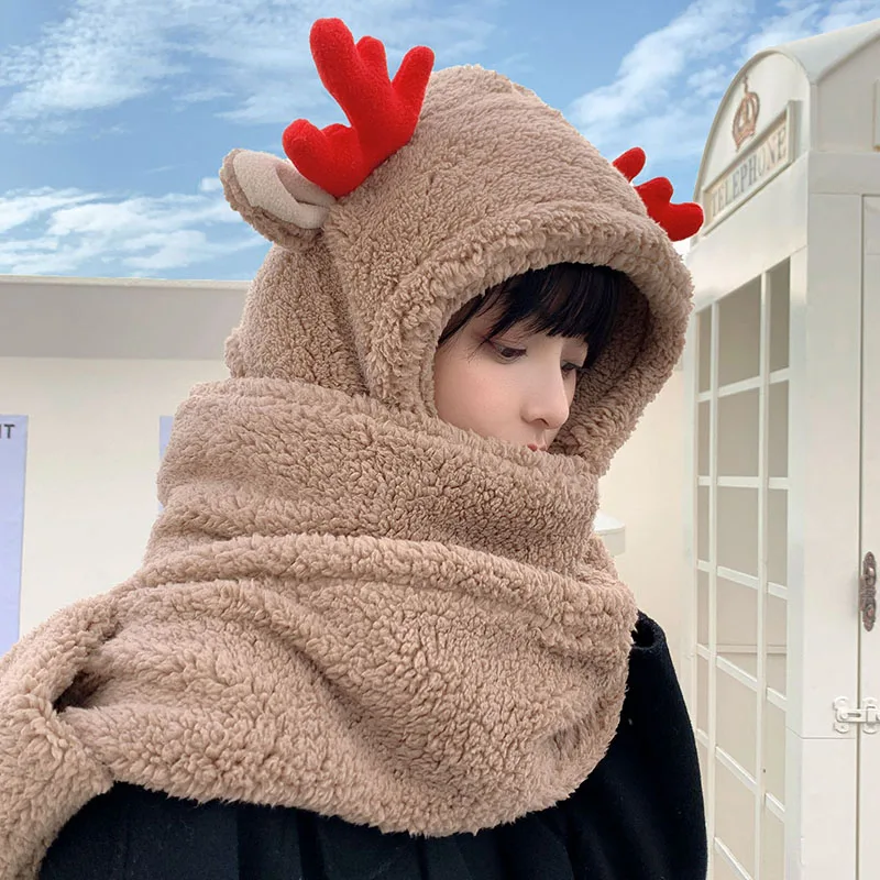 

Christmas antlers Skullies & Beanies Hats Cartoon Cute Novelty Keep Warm Winter Outdoor Women Casual Plush Hat Scarf set caps