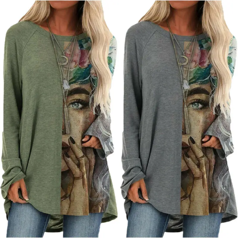 

Womens New Print Casual Round Neck Long Sleeves Tee Shirt Loose Tops Blouses UK