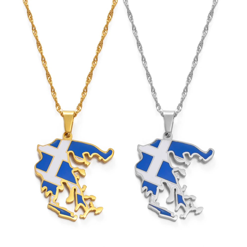 

Anniyo Greece Map and Flag Pendants Necklaces Silver Color/Gold Color Greek Jewelry Patriotic Gift #241621