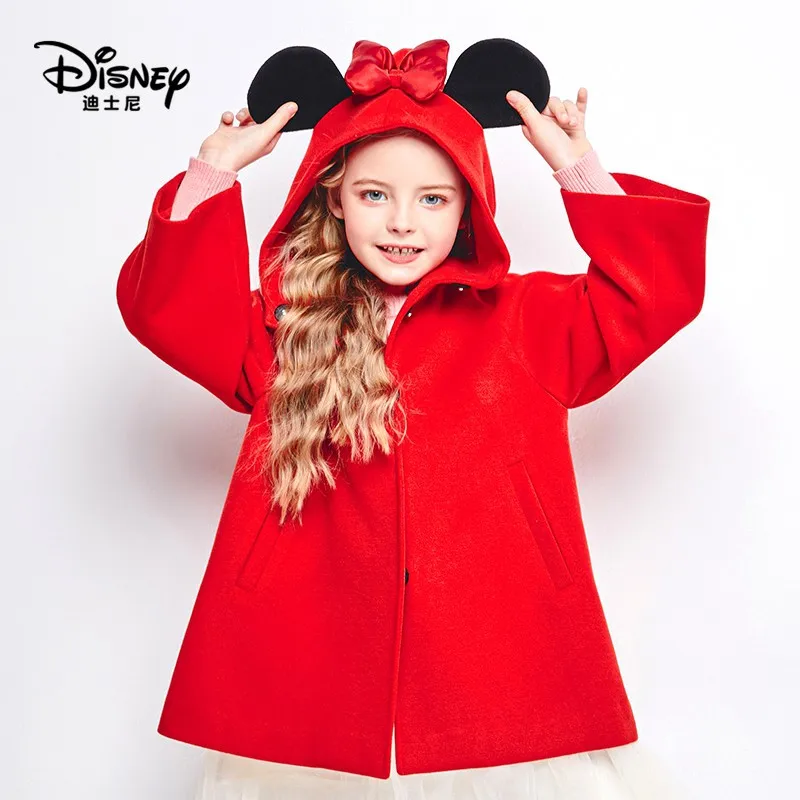 

Детская одежда Disney, осень и зима 2021, свободное шерстяное пальто для девочек с бантом и капюшоном, стильное и теплое пальто для девочек