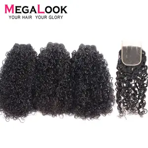 Волосы для наращивания Megalook Funmi, 3 пучка с 4*4 кружевной застежкой, бразильский телефонный завиток, Remy, 3 пучка с закрытыми волосами