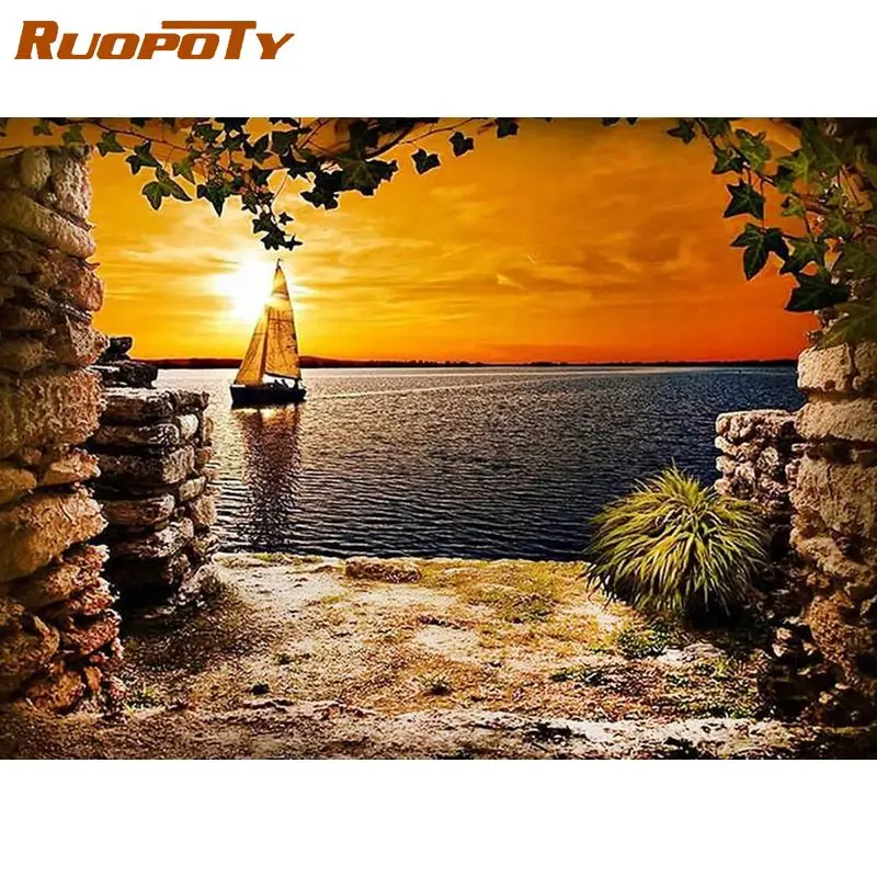 

RUOPOTY Frame Diy Painting By Numbers Acrylic Wall Art Picture Lake Scenery Coloring By Numbers For Diy Gift Artwork 60x75cm