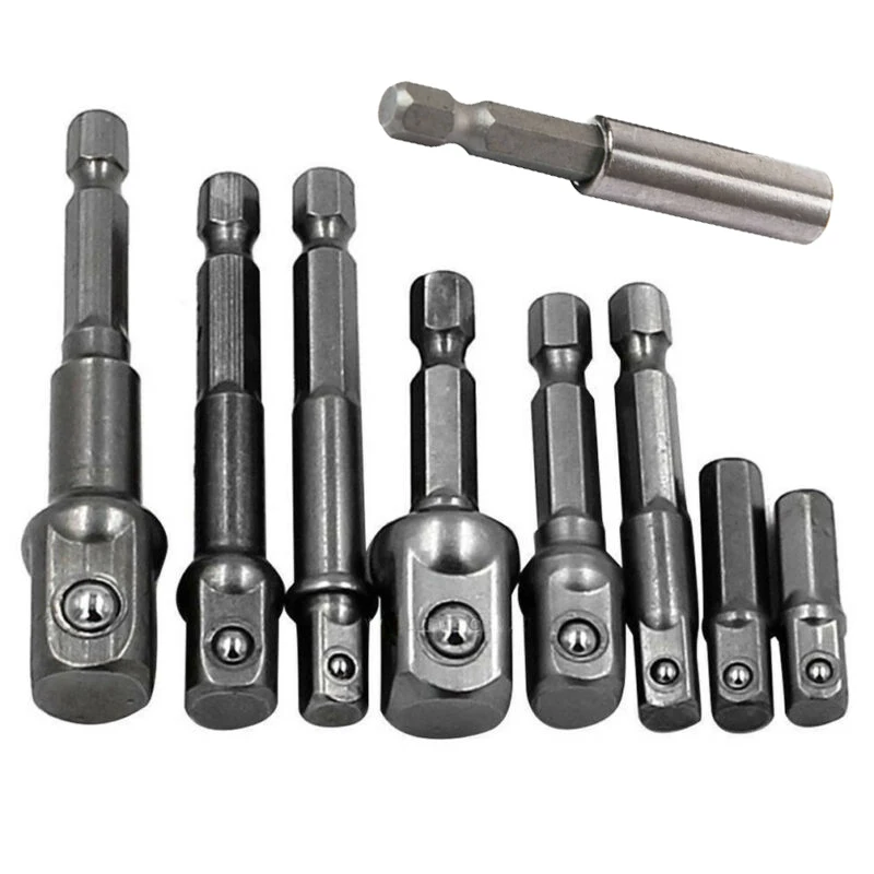 9 Pcs Socket Adapter Set Hex Shank To Impact Driver Drill Bits 1/4 3/8 1/2 Inch