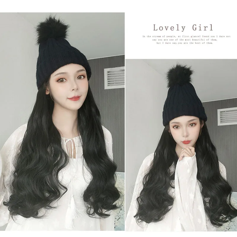 

LVHAN Wig Hat Knitted Plush Line Hat Fashion Big Wave Natural Black Brown Black Deep Brown Light Brown High Temperature Fiber