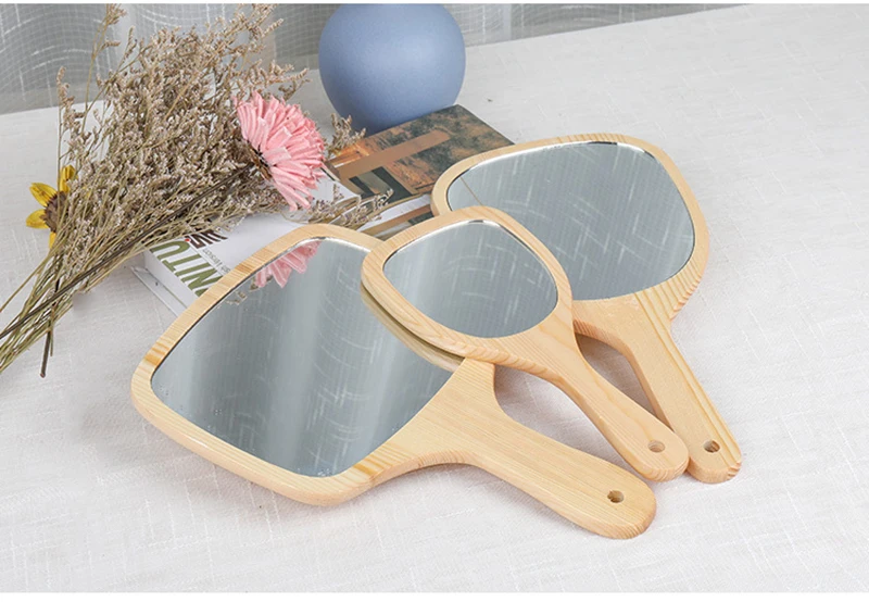 

1Pcs Mirror Portable Round Wood Vintage Hand Mirror Make Up Mirrors with Handle for Women