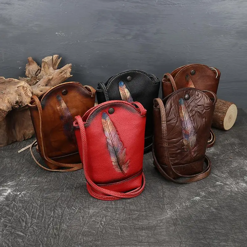 

Genuine Leather Women Bucket Bag 2021 New Ladies Mini Bags Retro First Layer Cowhide Female Shoulder Messenger Bag