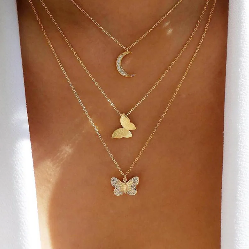 

2021 New Vintage Multilayer Pendant Butterfly Necklace for Women Butterflies Moon Charm Choker Necklaces Boho Fashion Jewelry
