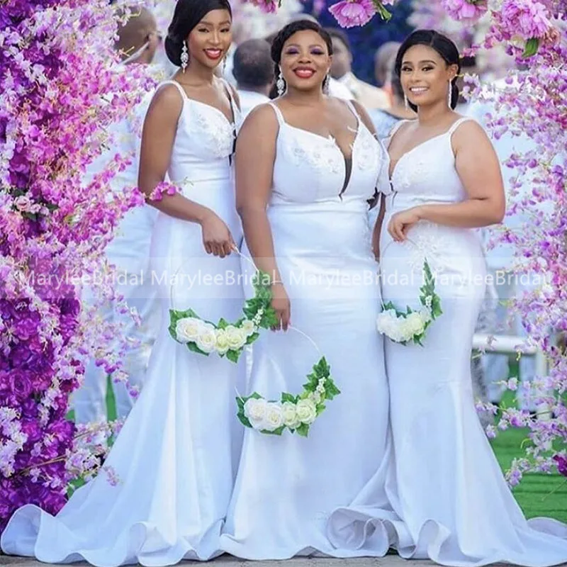 

Wholesale White African Bridesmaid Dresses Plus Size Spaghetti Straps Lace Mermaid Wedding Guest Dress Cheap Maid Of Honor Dress