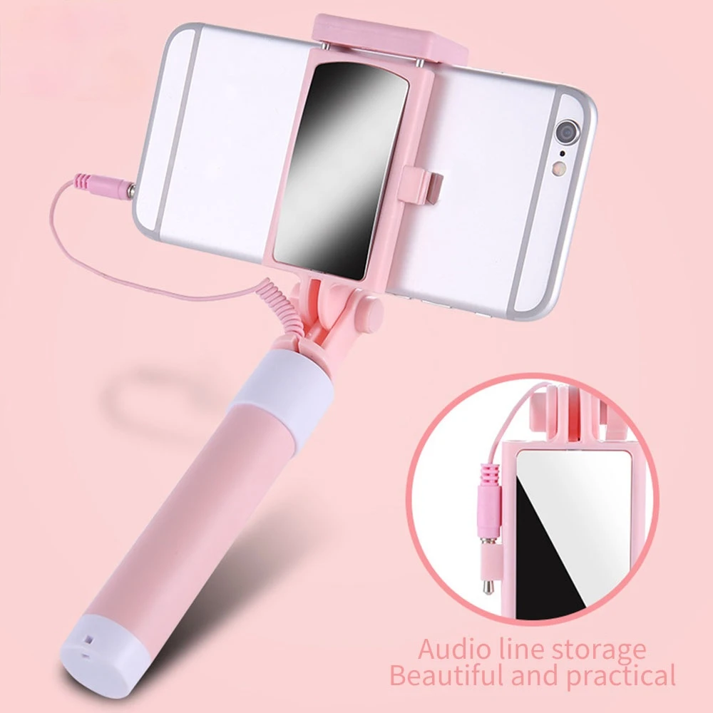 Controle de Linha Áudio para Ios com Fio Mini Selfie Vara Dobrável Tripé Monopé Espelho Handheld 3.5mm Android
