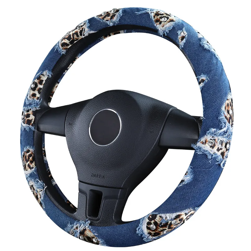 

Fashion Car Steering Wheel Cover 38cm Universal Leopard Denim Material With Drill Anti-skid Steering Wheel Cover Car Accessories