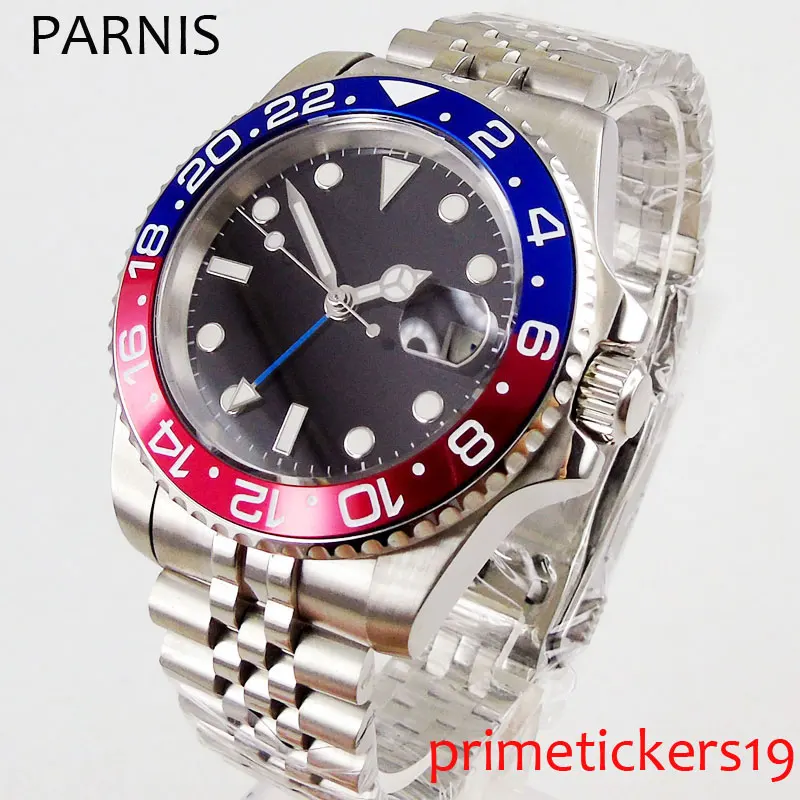 

40mm PARNIS black sterile dial blue red ceramic bezel date sapphire glass GMT automatic movement mens watch PA1079