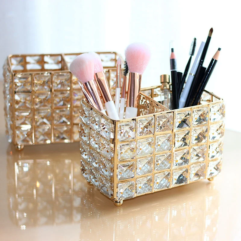

Cosmetic Storage Fashion Lipstick Two Grids Crystal Glass Makeup Brush Holder Lipstick Desktop Organizer