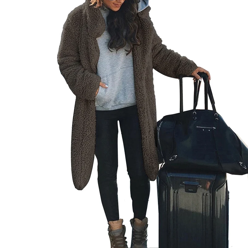 

2021 New Winter Thicken Fleece Coats Women Long Warm Long Sleeve Faux Fur Lapel Jacket Female Teddy Cardigan Outwear