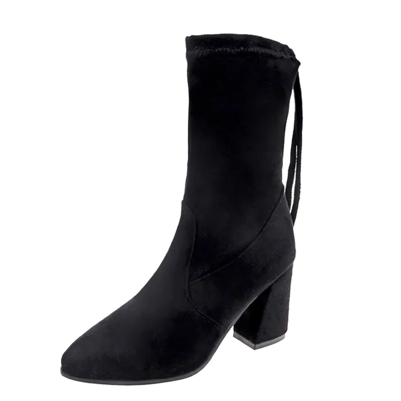 Женские черные носки ботинки весна осень 2019 эластичные на толстом высоком
