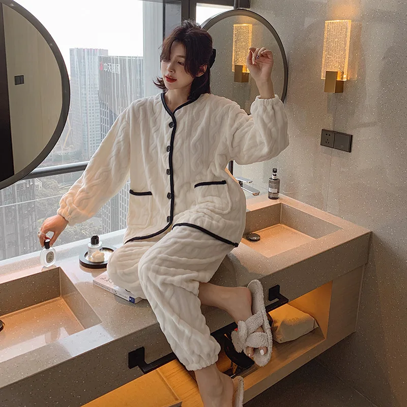 Pajamas for Women Winter Coral Velvet Warm Cardigan Velvet Thickening Plus Velvet Home Service Suit Pajamas Set Homewear пижама