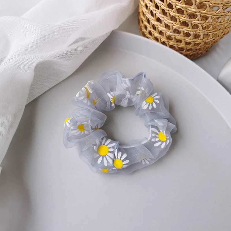 

Women Daisy Print Hair Ring Rope Net Yarn Rubber Bands Elastic Hair Circle Ponytail Holder Transparent Hair Bands Accessories