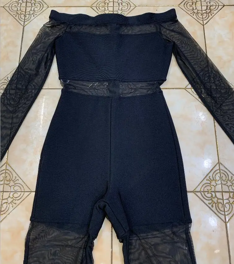 

Winter Style 2020 Celebrity Designer Fashion Playsuit Women Sexy Off Shoulder Long Sleeve Mesh Black Bandage Rompers